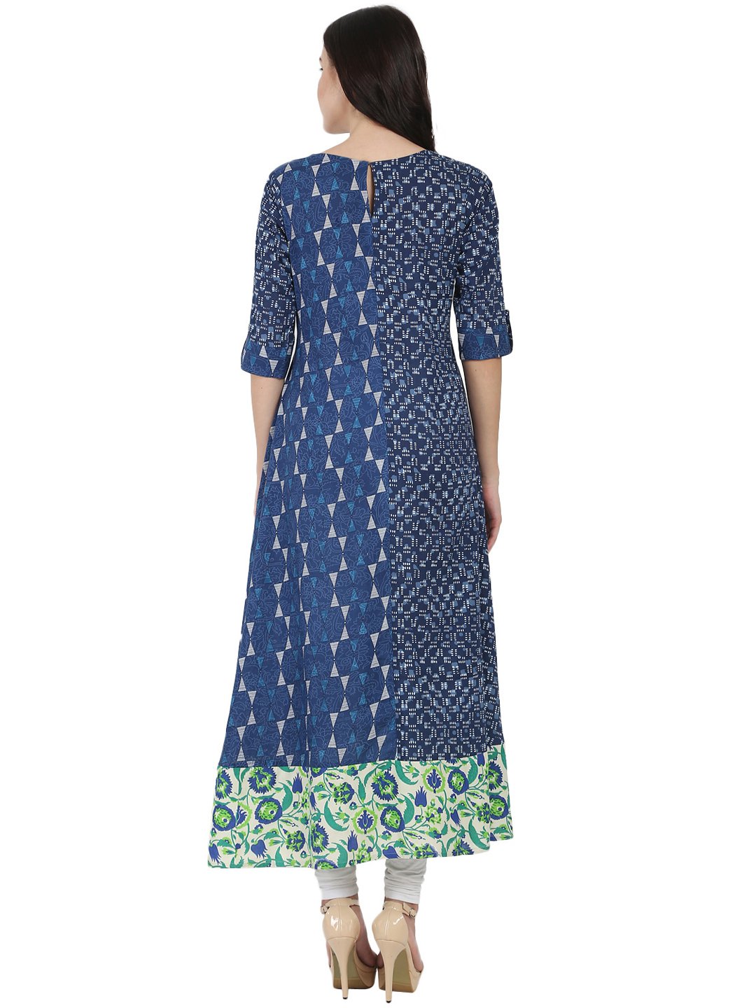 Women's Blue Printed 3/4Th Cotton A-Line Kurta With Side Pocket