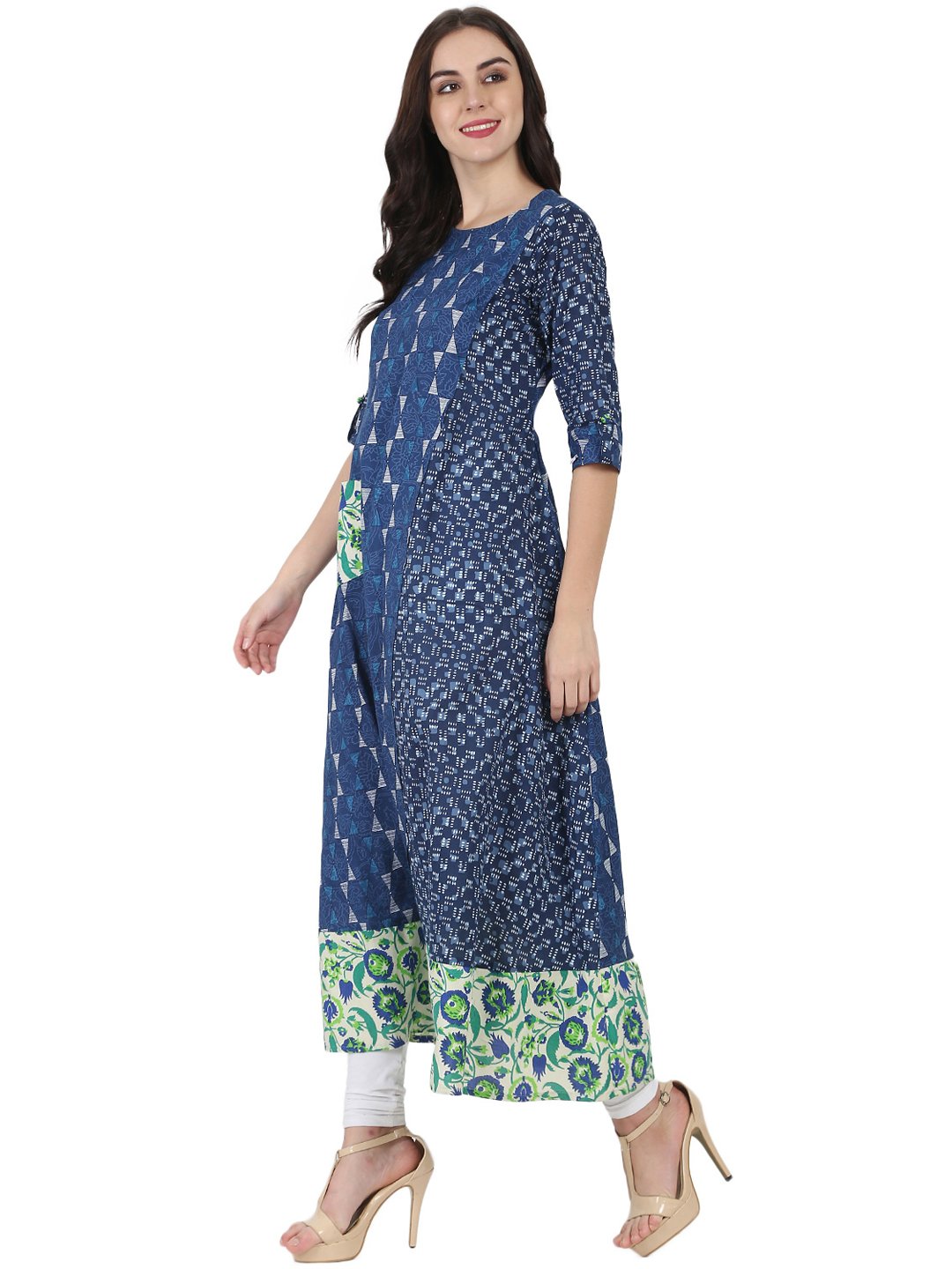 Women's Blue Printed 3/4Th Cotton A-Line Kurta With Side Pocket