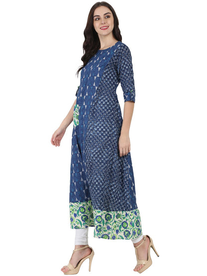 Women's Blue Printed 3/4Th Cotton A-Line Kurta With Side Pocket