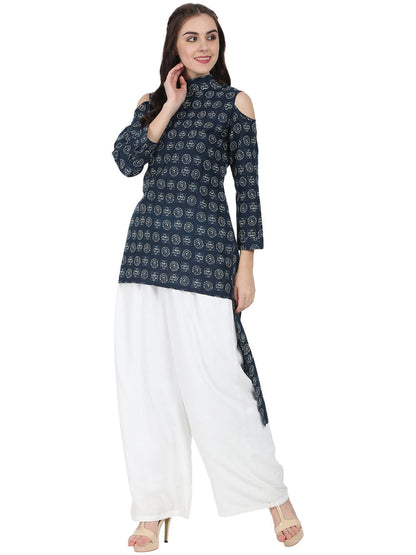 Women's Blue Printed 3/4Th Sleeve Cold Shoulder Cotton Tunic