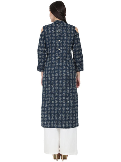 Women's Blue Printed 3/4Th Sleeve Cold Shoulder Cotton Tunic