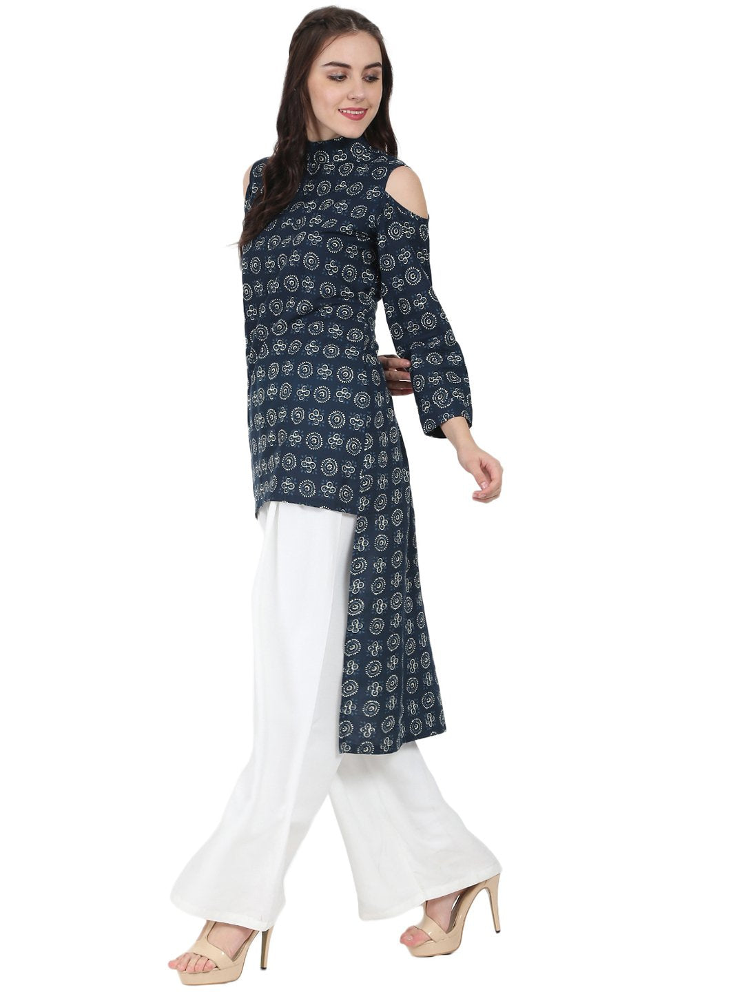 Women's Blue Printed 3/4Th Sleeve Cold Shoulder Cotton Tunic
