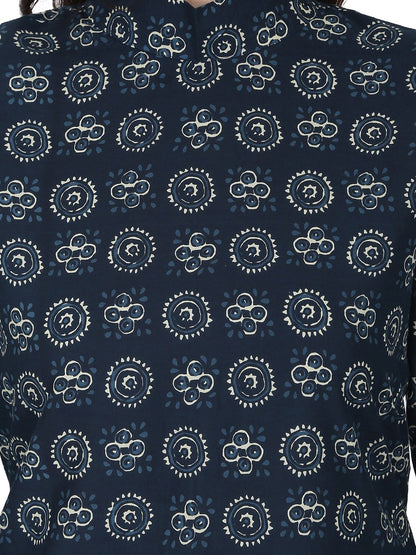 Women's Blue Printed 3/4Th Sleeve Cold Shoulder Cotton Tunic
