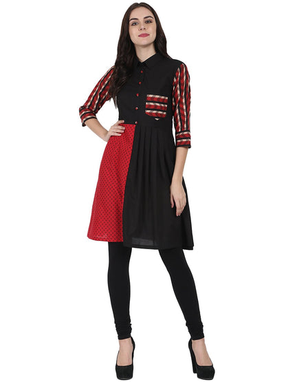 Women's Black Printed 3/4Th Sleeve Cotton A-Line Kurta With Pocket