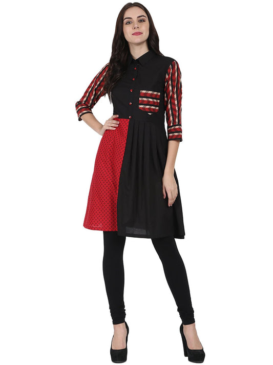 Women's Black Printed 3/4Th Sleeve Cotton A-Line Kurta With Pocket