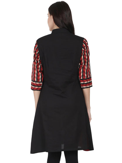 Women's Black Printed 3/4Th Sleeve Cotton A-Line Kurta With Pocket