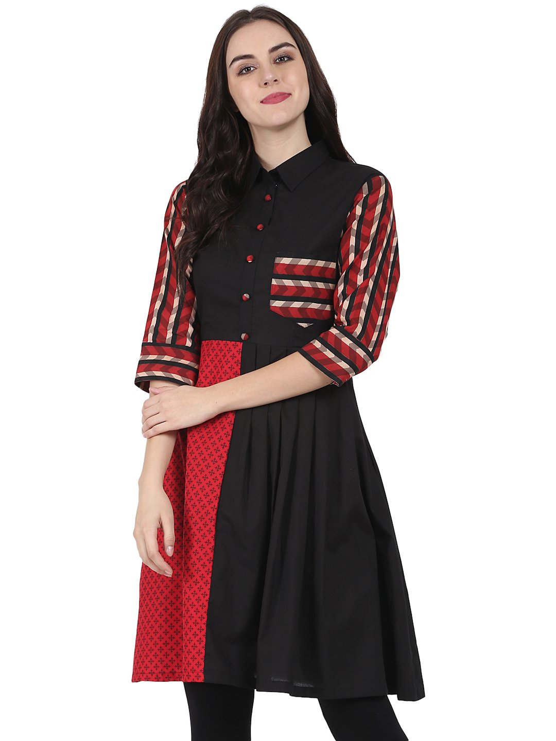 Women's Black Printed 3/4Th Sleeve Cotton A-Line Kurta With Pocket