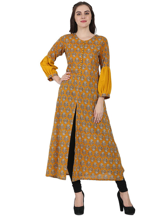 Women's Yellow Printed Full Sleeve Cotton A-Line Kurta With Centre Slit