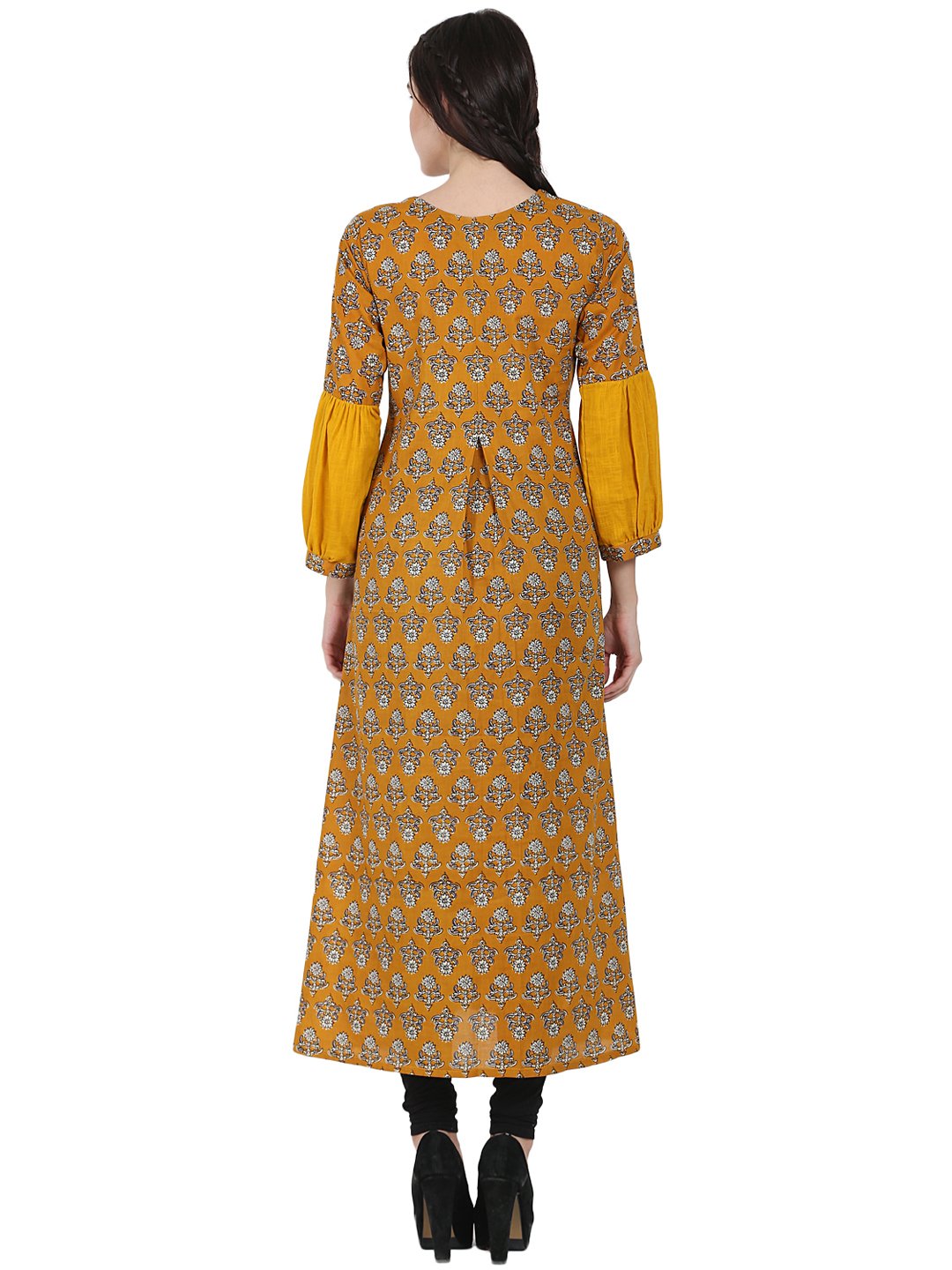 Women's Yellow Printed Full Sleeve Cotton A-Line Kurta With Centre Slit