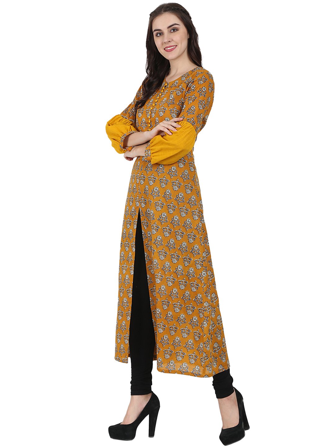 Women's Yellow Printed Full Sleeve Cotton A-Line Kurta With Centre Slit