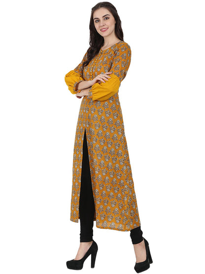 Women's Yellow Printed Full Sleeve Cotton A-Line Kurta With Centre Slit