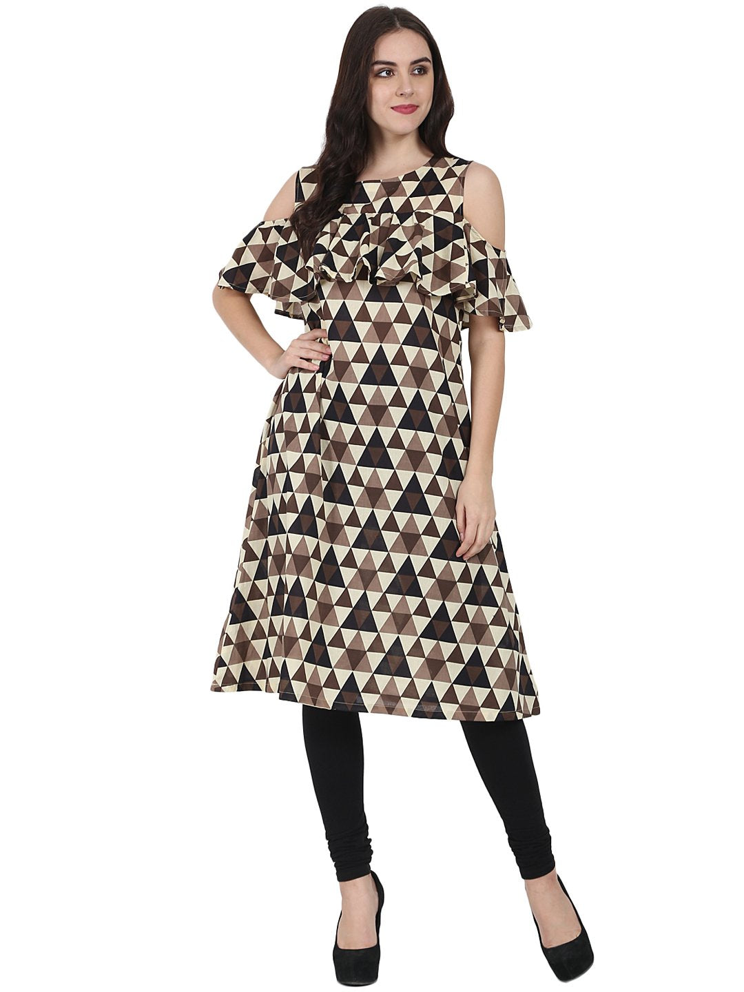 Women's Brown Printed Half Sleeve Cold Shoulder Cotton A-Line Kurta