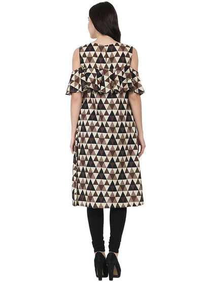 Women's Brown Printed Half Sleeve Cold Shoulder Cotton A-Line Kurta