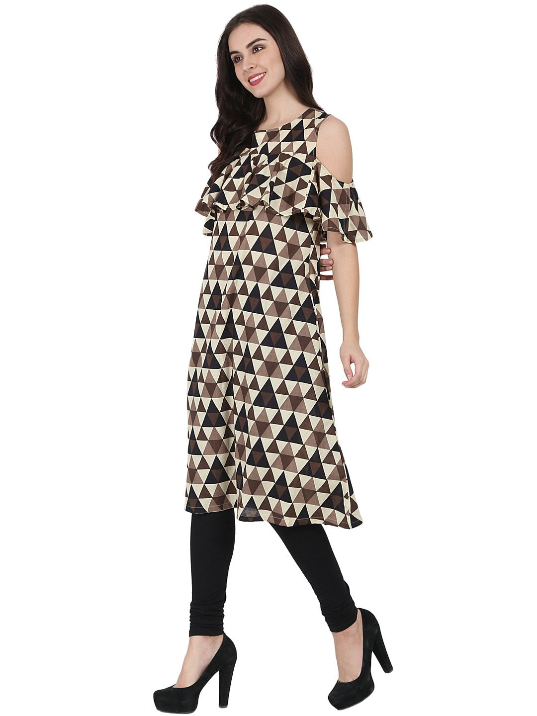 Women's Brown Printed Half Sleeve Cold Shoulder Cotton A-Line Kurta