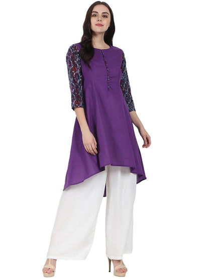 Women's Purple 3/4Th Sleeve Cotton A-Line Kurta