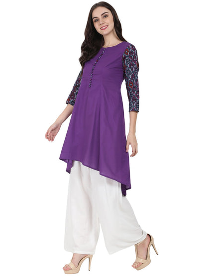 Women's Purple 3/4Th Sleeve Cotton A-Line Kurta
