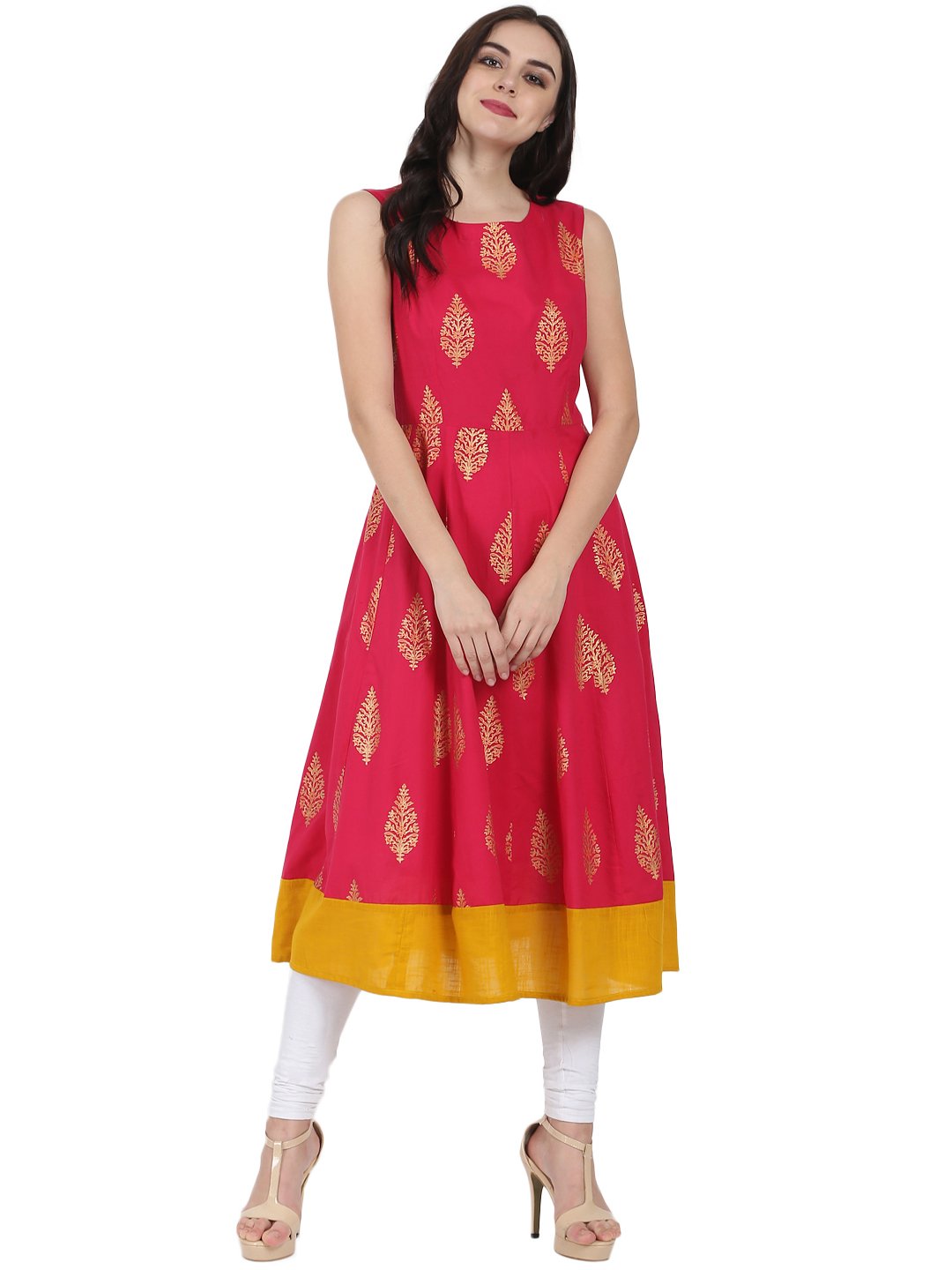 Women's Red Printed Sleeveless Cotton Anarkali Kurta