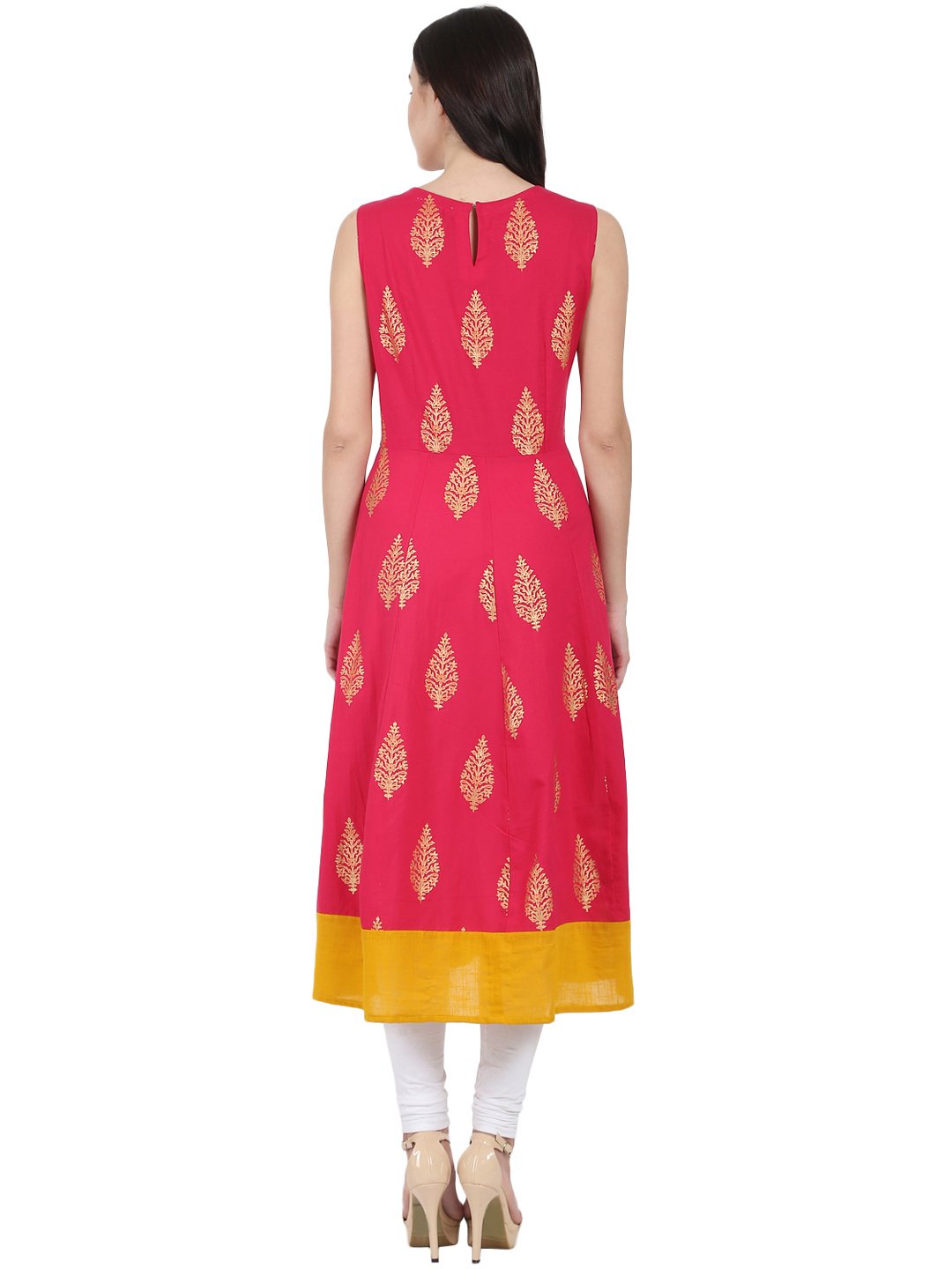 Women's Red Printed Sleeveless Cotton Anarkali Kurta