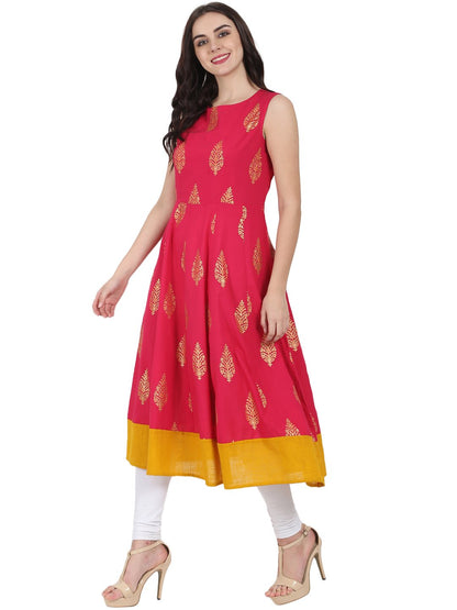 Women's Red Printed Sleeveless Cotton Anarkali Kurta