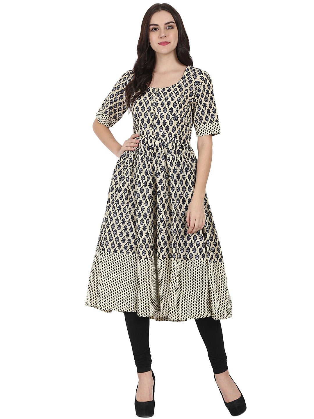 Women's Beige & Blue Printed Half Sleeve Cotton Anarkali Kurta