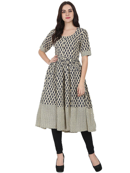 Women's Beige & Blue Printed Half Sleeve Cotton Anarkali Kurta