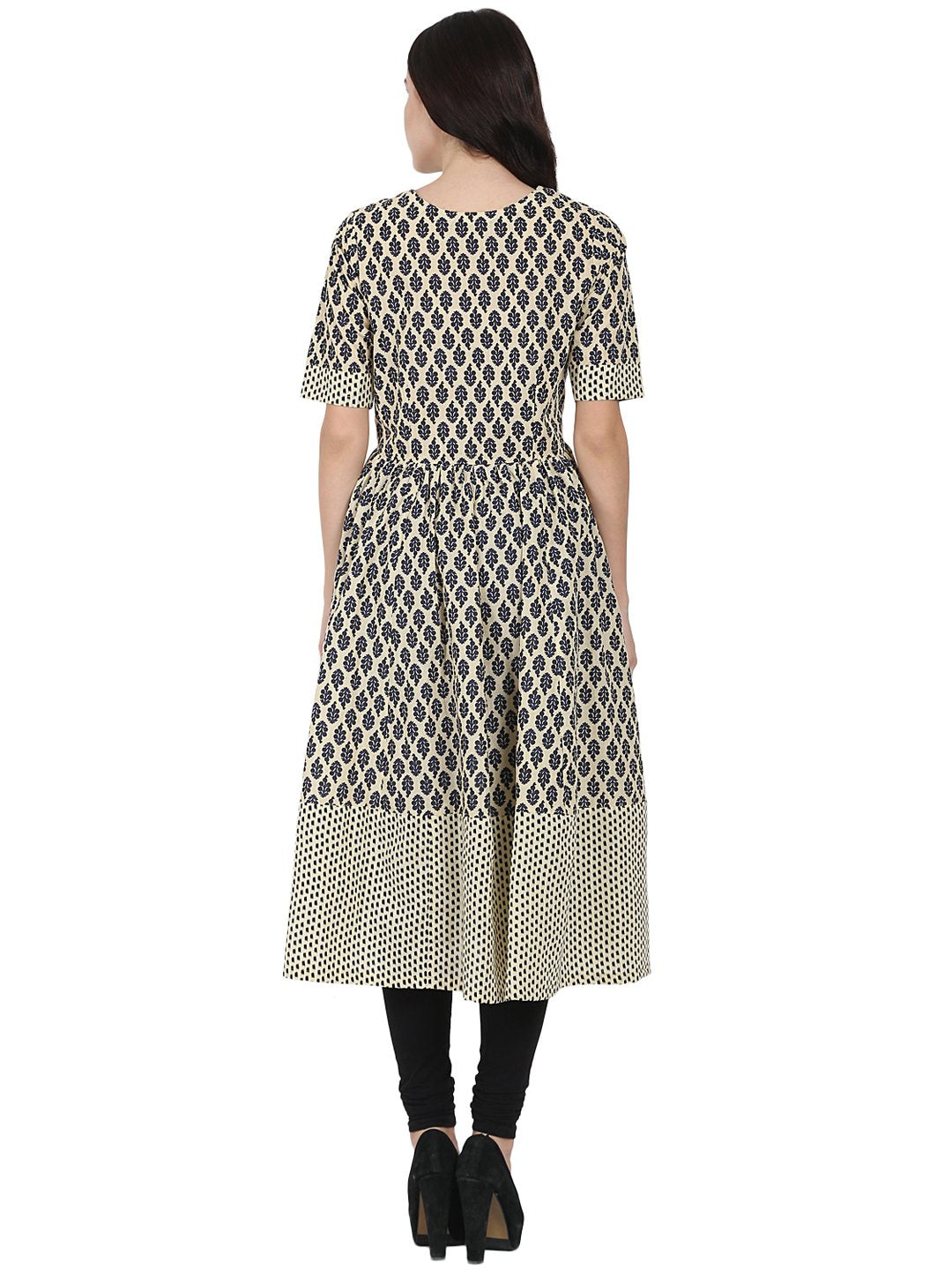 Women's Beige & Blue Printed Half Sleeve Cotton Anarkali Kurta