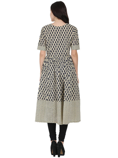Women's Beige & Blue Printed Half Sleeve Cotton Anarkali Kurta