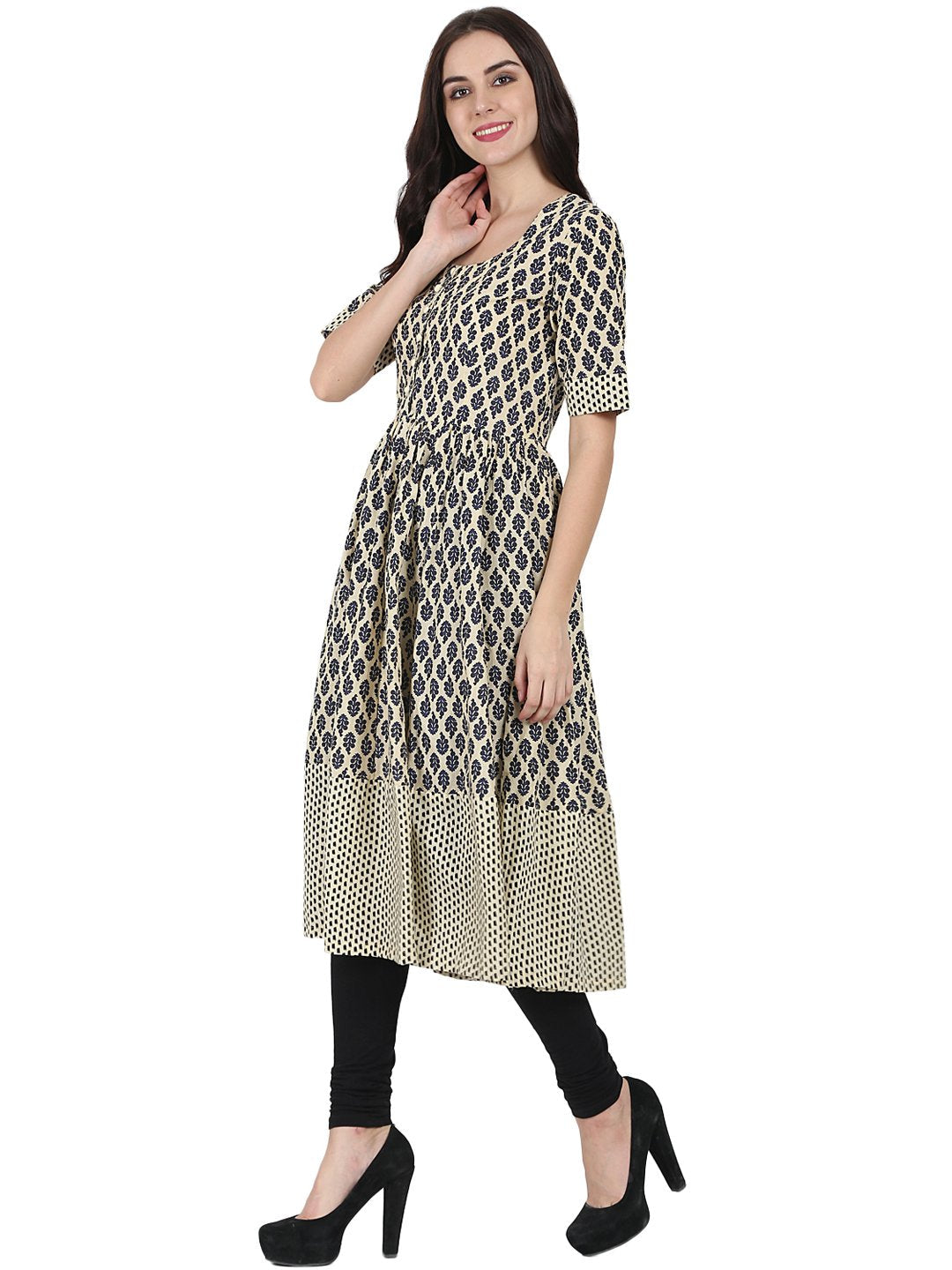 Women's Beige & Blue Printed Half Sleeve Cotton Anarkali Kurta