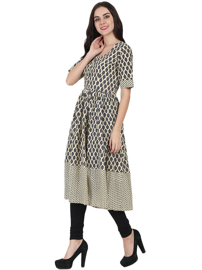 Women's Beige & Blue Printed Half Sleeve Cotton Anarkali Kurta