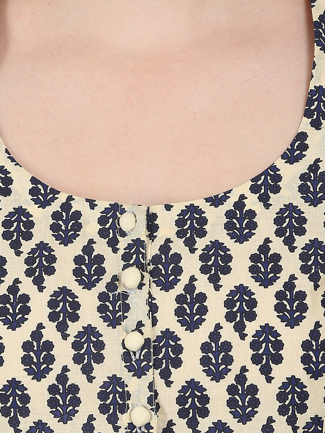 Women's Beige & Blue Printed Half Sleeve Cotton Anarkali Kurta