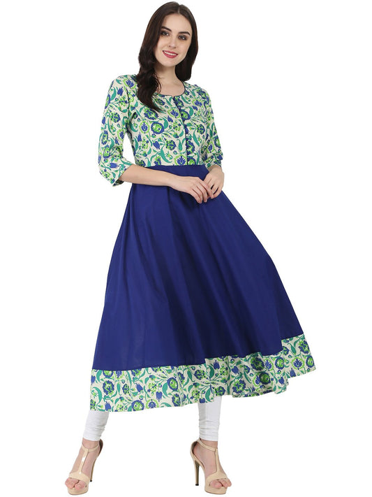 Women's Blue & Green Printed 3/4Th Sleeve Rayon Anarkali Kurta