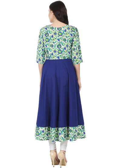 Women's Blue & Green Printed 3/4Th Sleeve Rayon Anarkali Kurta