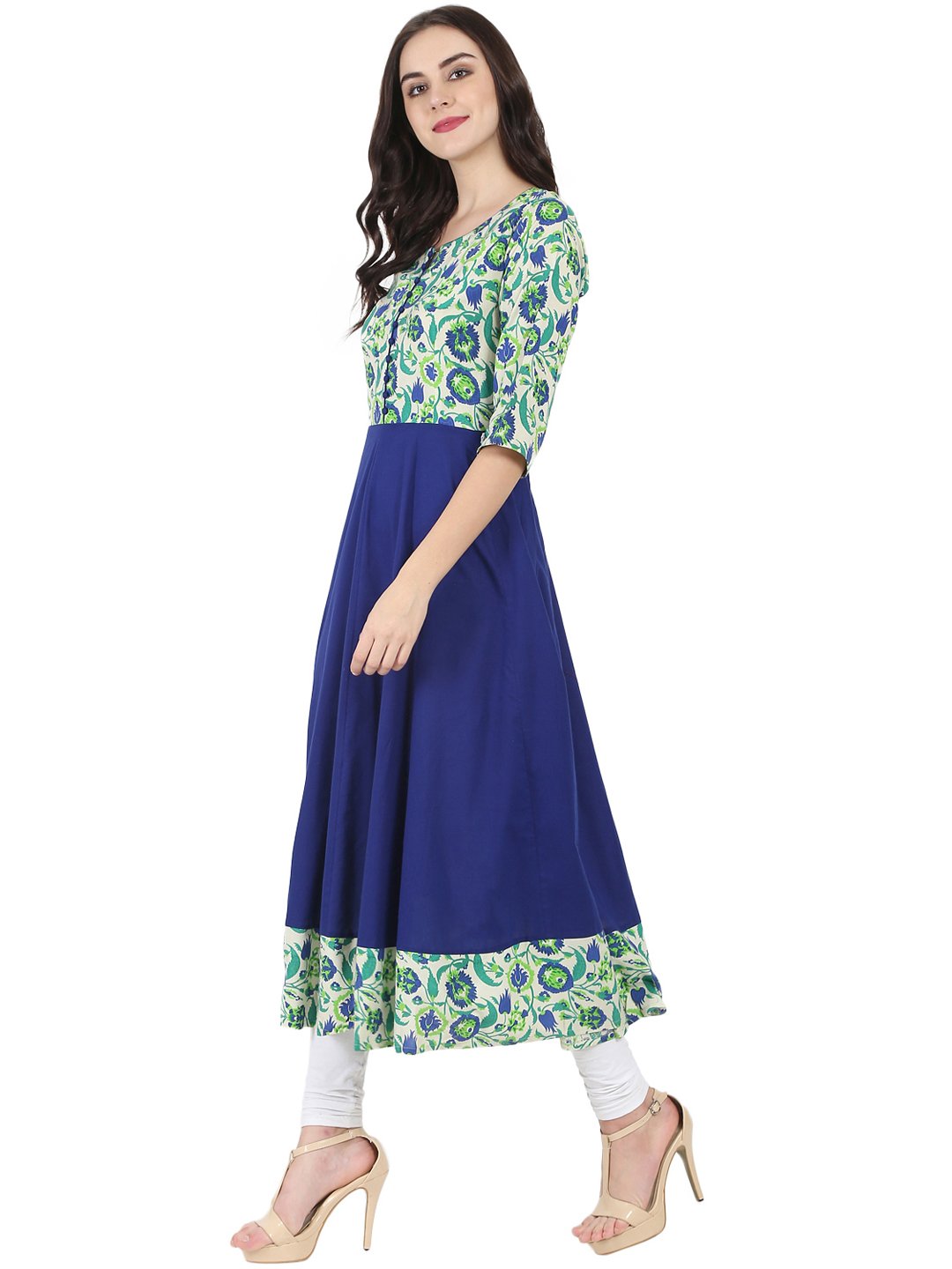 Women's Blue & Green Printed 3/4Th Sleeve Rayon Anarkali Kurta
