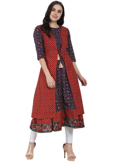 Women's Blue Printed 3/4Th Sleeve Cotton Anarkali Kurta With Red Printed Sleeveless Long Jacket