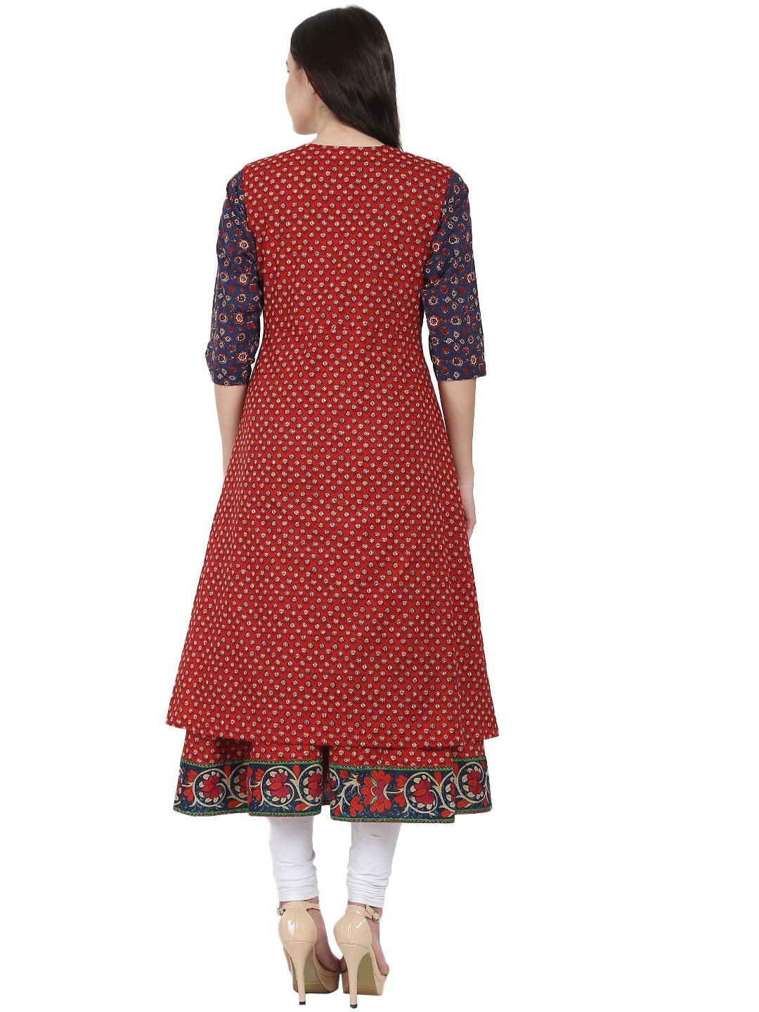 Women's Blue Printed 3/4Th Sleeve Cotton Anarkali Kurta With Red Printed Sleeveless Long Jacket