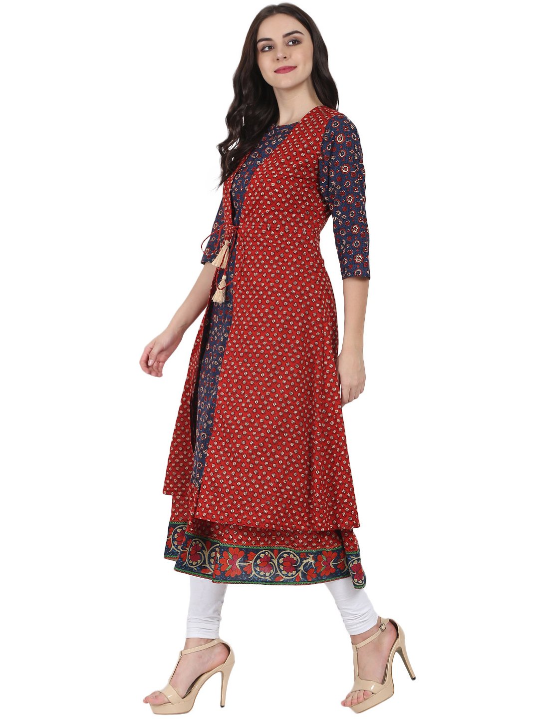 Women's Blue Printed 3/4Th Sleeve Cotton Anarkali Kurta With Red Printed Sleeveless Long Jacket