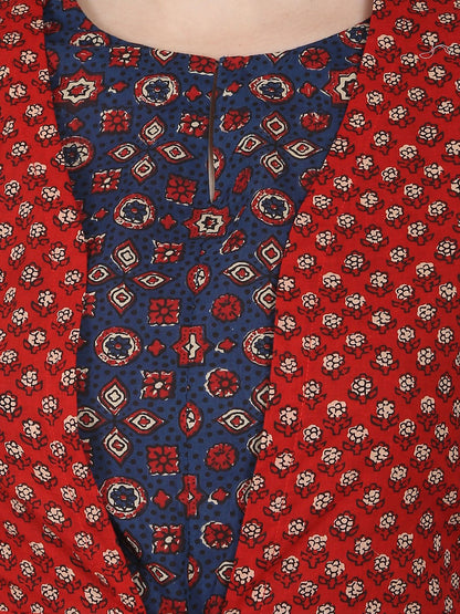 Women's Blue Printed 3/4Th Sleeve Cotton Anarkali Kurta With Red Printed Sleeveless Long Jacket