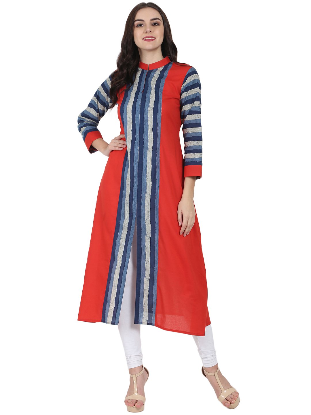 Women's Blue & Red Printed 3/4Th Sleeve Long Cotton Kurta