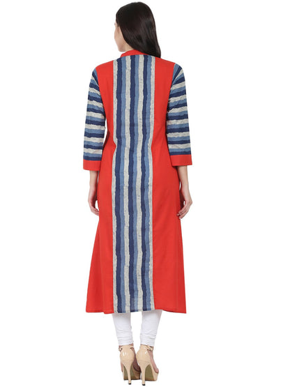 Women's Blue & Red Printed 3/4Th Sleeve Long Cotton Kurta