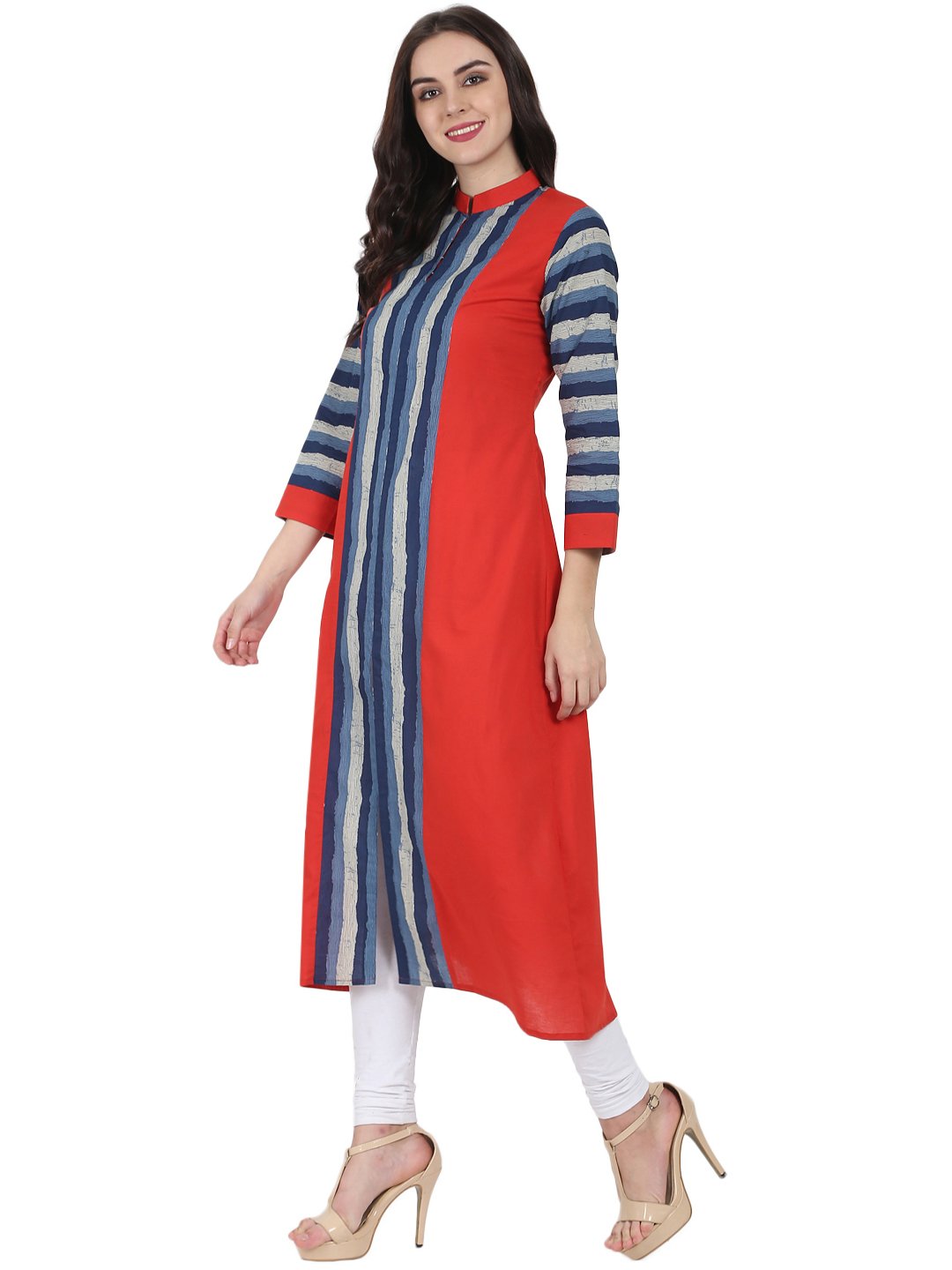 Women's Blue & Red Printed 3/4Th Sleeve Long Cotton Kurta