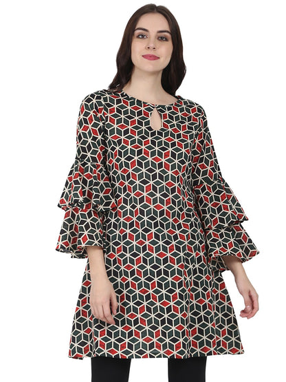 Women's Green Printed Full Sleeve Cotton A-Line Tunic With Flared Sleeve