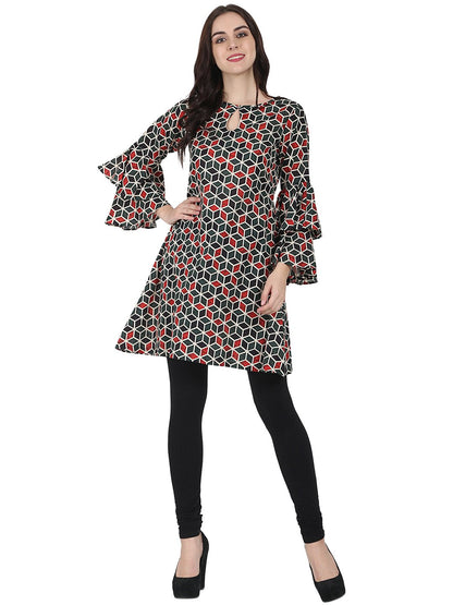Women's Green Printed Full Sleeve Cotton A-Line Tunic With Flared Sleeve