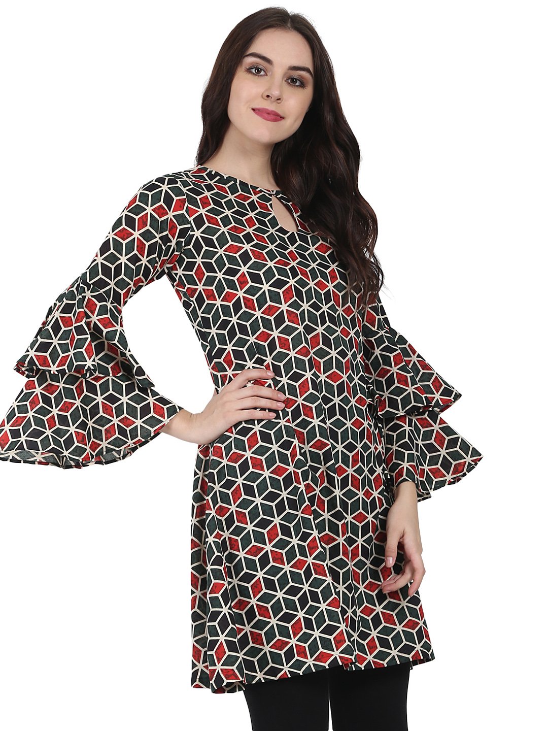 Women's Green Printed Full Sleeve Cotton A-Line Tunic With Flared Sleeve