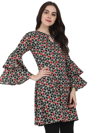 Women's Green Printed Full Sleeve Cotton A-Line Tunic With Flared Sleeve