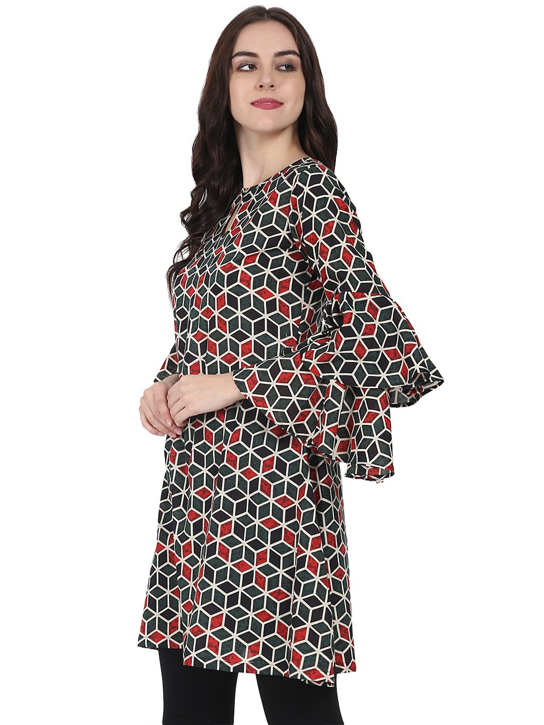 Women's Green Printed Full Sleeve Cotton A-Line Tunic With Flared Sleeve