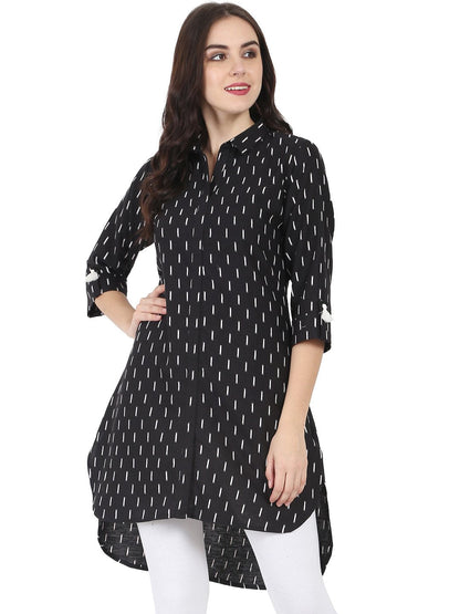 Women's Black Printed 3/4Th Sleeve Cotton Slub Low-High Kurta