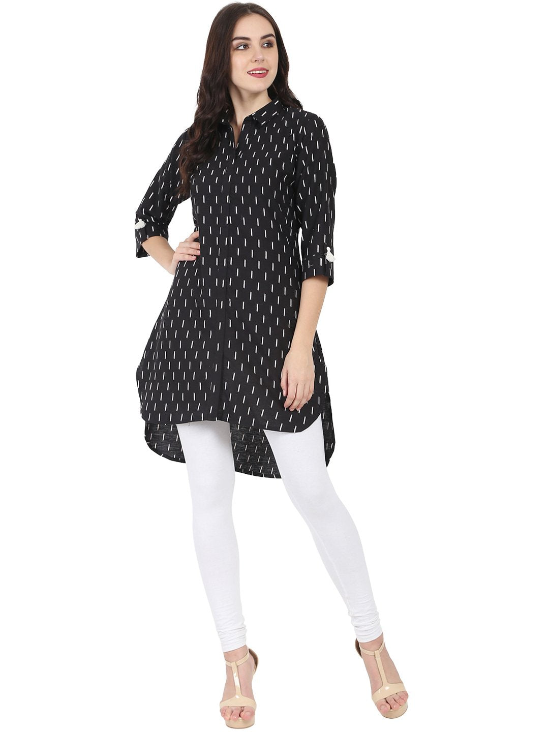 Women's Black Printed 3/4Th Sleeve Cotton Slub Low-High Kurta