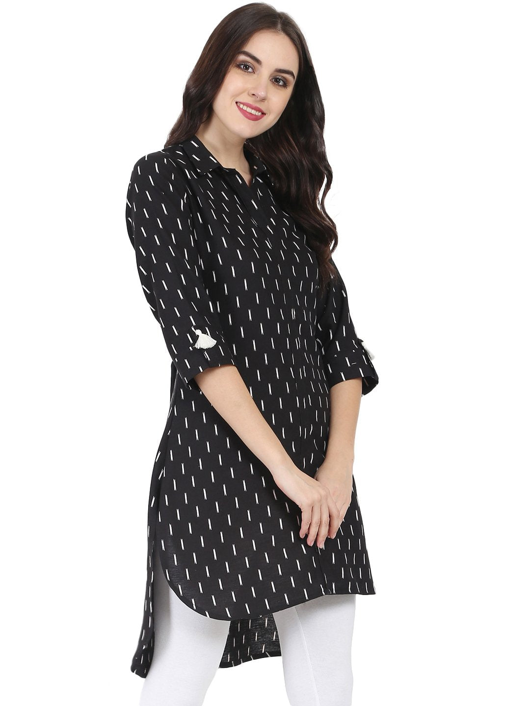 Women's Black Printed 3/4Th Sleeve Cotton Slub Low-High Kurta