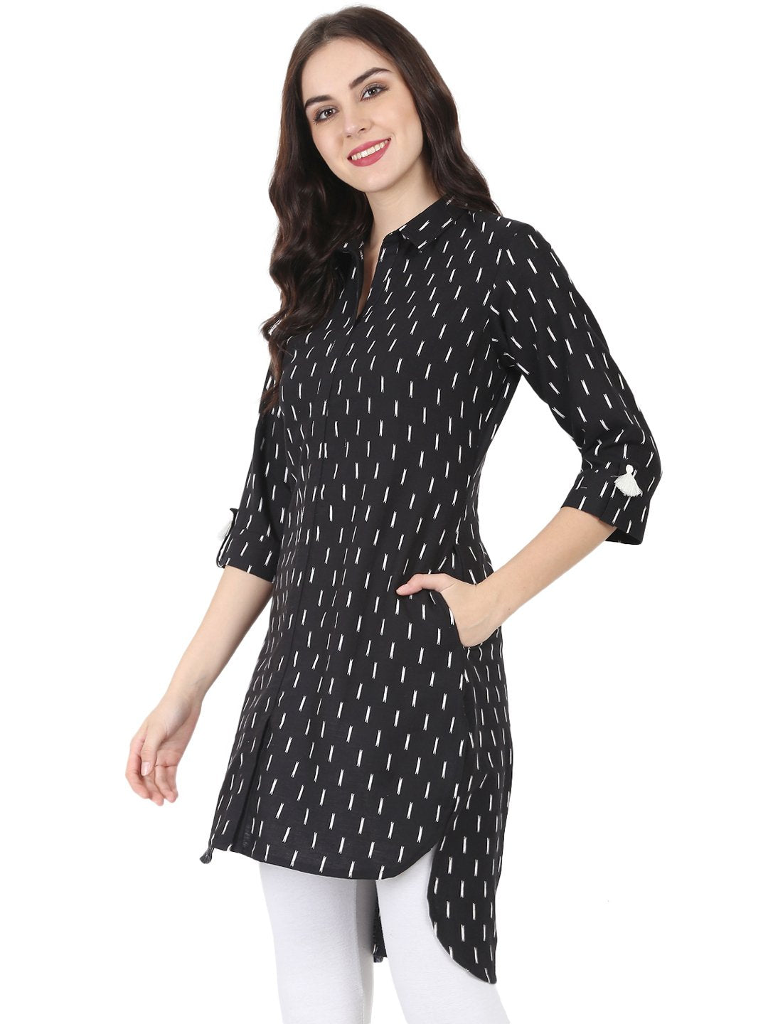 Women's Black Printed 3/4Th Sleeve Cotton Slub Low-High Kurta