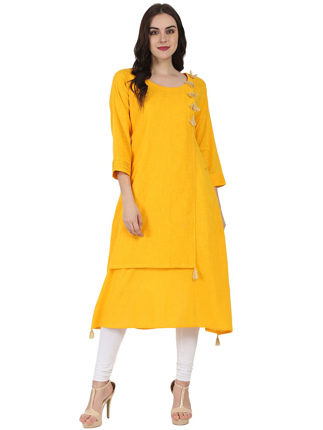 Women's Yellow 3/4Th Sleeve Cotton Slub A-Line Kurta